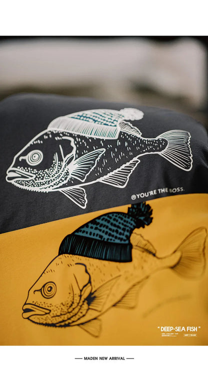 Deep-Sea Fish Printed T-shirt for Men Cotton O-Neck Short Sleeve T Shirts Creative Animal Pattern Tees Summer Casual Tops