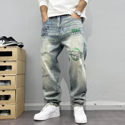 Spring and Autumn New Fashion Trend Printed Straight Leg Vintage Denim Pants Men's Casual Loose Sports High Quality Pants 28-36