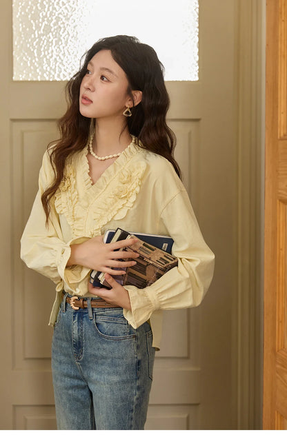 Hand Sewn Rose Blouse for Women Autumn 2025 V-neck  Edible Tree Fungus Edge Tops Sweet Lantern Sleeves Blouses MXE44X2470