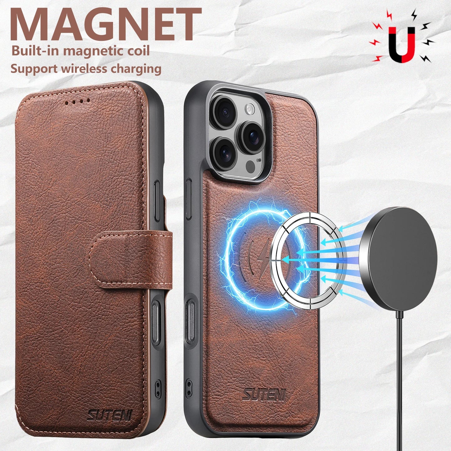 Faux Leather Wireless Charging Card Holder Stand Wallet Magnetic Flip Cover Phone Case For iPhone 17 Pro Max 16 Plus 15 14 13