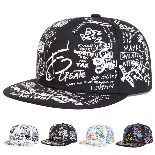 Unisex Black and white Letter Graffiti Printing Hip-hop Hats Spring Autumn Outdoor Adjustable Casual Baseball Caps Sunscreen Hat