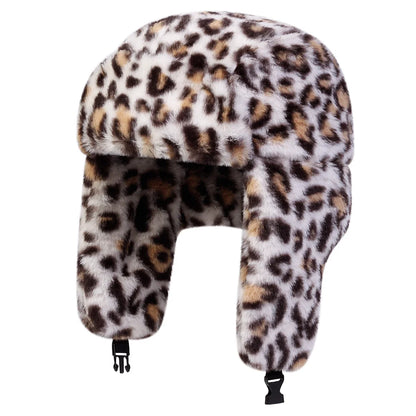 Unisex Plush Leopard Print Lei Feng Hat Winter Earflap Hat Keep Warm Ski Hat Bomber Hat for Outdoor Riding Snow Activities