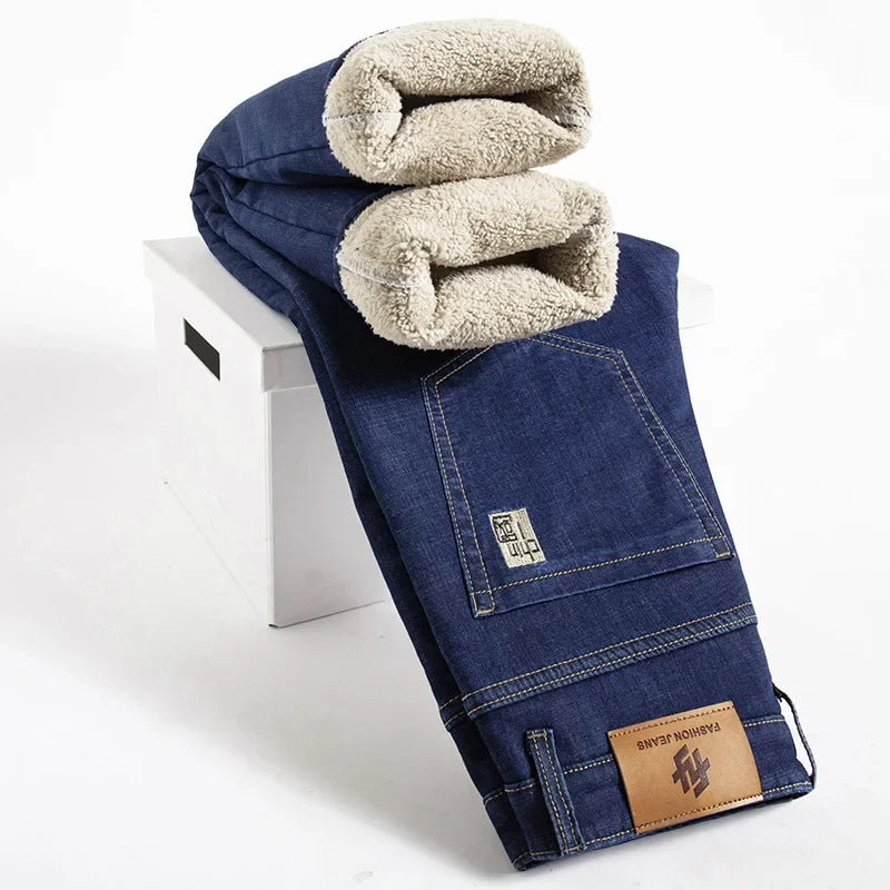 Winter Warm Fleece Jeans Men 2025 Straight Stretch Thick Casual Thermal Denim Pants Male Business Work Trousers New Men Clothing