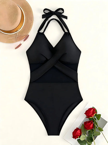 2026 Plain Ruched Mesh Swimsuit Women One Piece Ring Link Swimwear Female Sexy Bathing Swimming Suit Bodysuit Summer Beachwear
