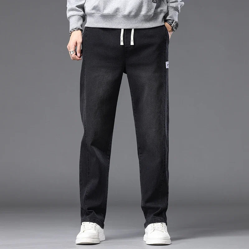 Autumn Winter Blue Jeans Men Drawstring Elastic Waist Cotton Cargo Denim Pants Work Fashion Thick Trousers Male Plus Size M-4XL