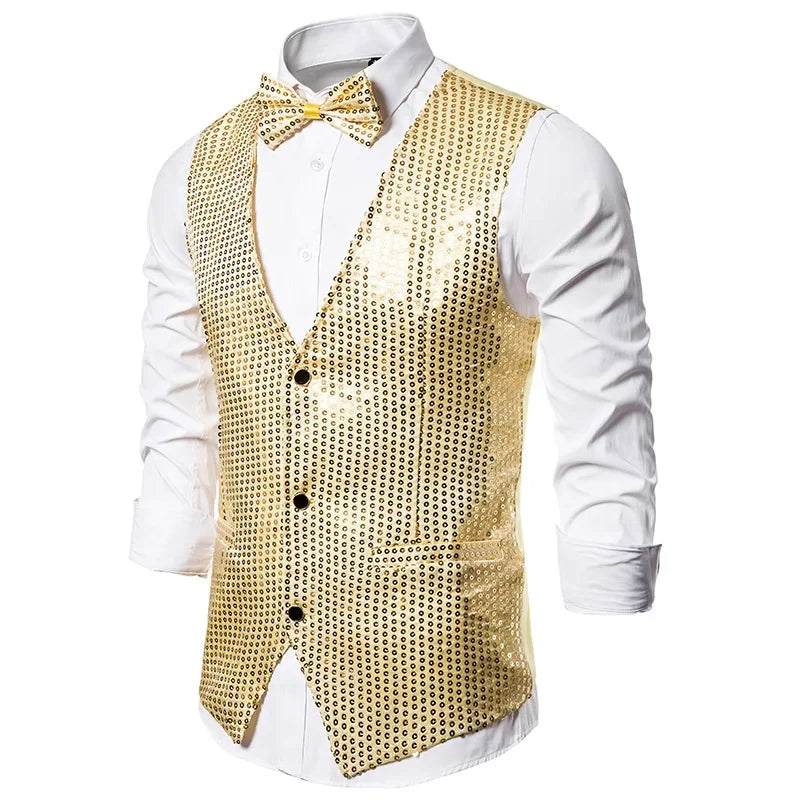 New Gold Sequin Vest Men's Single-breasted V-neck Sleeveless Vests Coat Wedding Party Waistcoat Silver Blue Purple Red Tops
