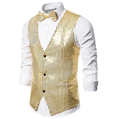 New Gold Sequin Vest Men's Single-breasted V-neck Sleeveless Vests Coat Wedding Party Waistcoat Silver Blue Purple Red Tops