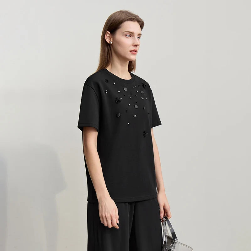 Short Sleeve Tee 2026 Spring New Crew Neck Three-dimensional Bead Flower Bead Diamond Knit T-Shirt Loose Women Top 12641038