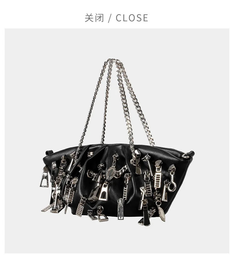 Punk Style Ruched Dumpling Armpit Bag 2025 Multi Zipper Head Decoration Women's Shoulder Bags Spicy Girl Y2K Handbags