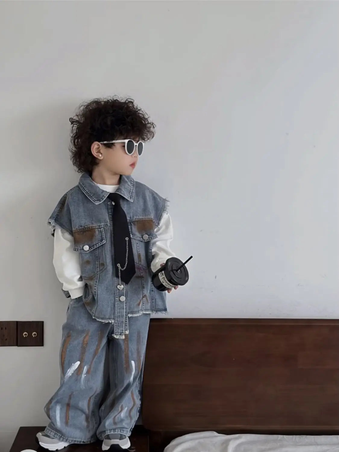 Boys Vest +Pants + Tie Outfits Kids Suits Cotton 3PCS/Set 2026 Blue Jean Spring Autumn Cotton Sport Teenagers Children Clothing