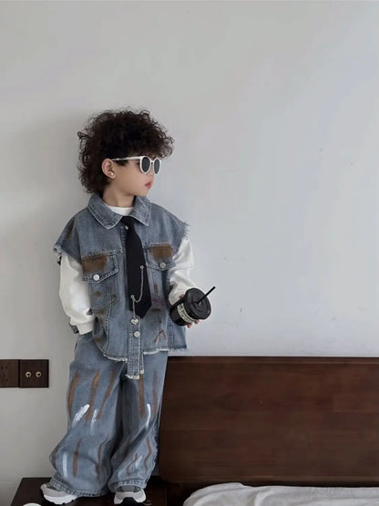 Boys Vest +Pants + Tie Outfits Kids Suits Cotton 3PCS/Set 2026 Blue Jean Spring Autumn Cotton Sport Teenagers Children Clothing