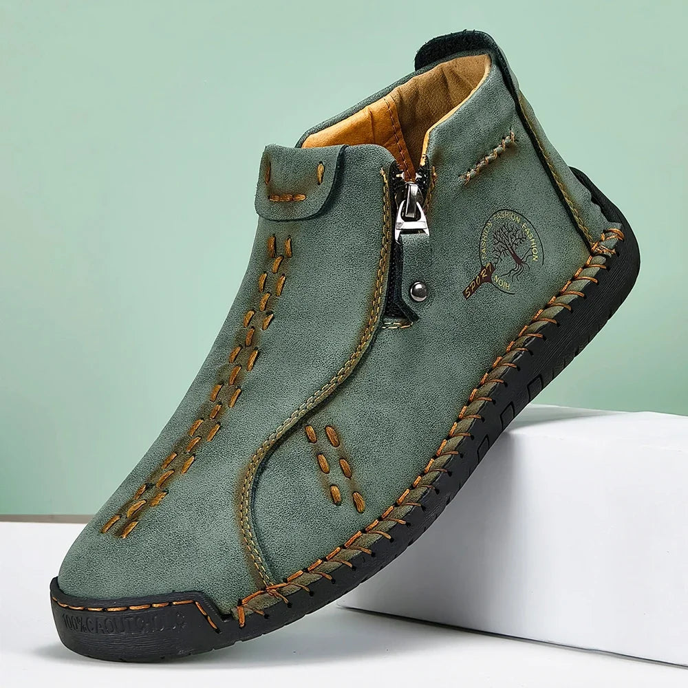 New Classic Handmade Leather Men Shoes Zipper Design Outdoor Sneakers Slip On Breathable Casual Shoes Leather Men Ankle Boots