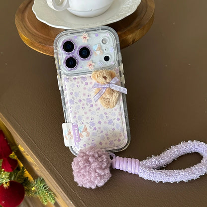 Gentle Purple Flower Stereoscopic Bear Artificial Leather Plush Ball Lanyard Phone Cover Case for iPhone 17 16 15 14 Pro Max