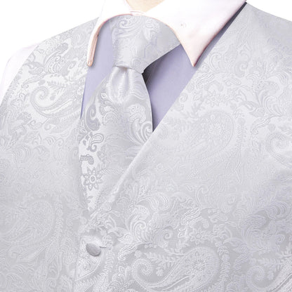Men's Floral Vest & Tie Hanky Cufflinks Set – Formal Biege Grey White Waistcoat for Weddings Events Party Gift