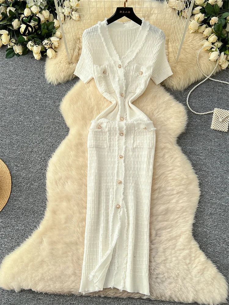 High Quality Elastic Knitted Long Sundress Women Short Sleeves Button Design Office Lady Vintage Split Slim Dress