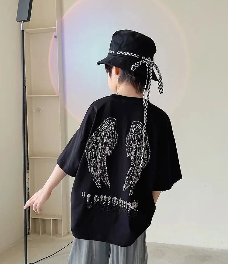 Wings with Rhinestones Trendy Short-sleeve for Kids T-shirt Children Clothes 7 To 14 Years Child 2025 Children's Clothing Korean