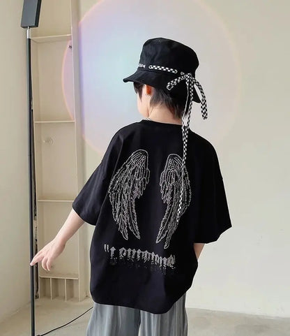 Wings with Rhinestones Trendy Short-sleeve for Kids T-shirt Children Clothes 7 To 14 Years Child 2025 Children's Clothing Korean