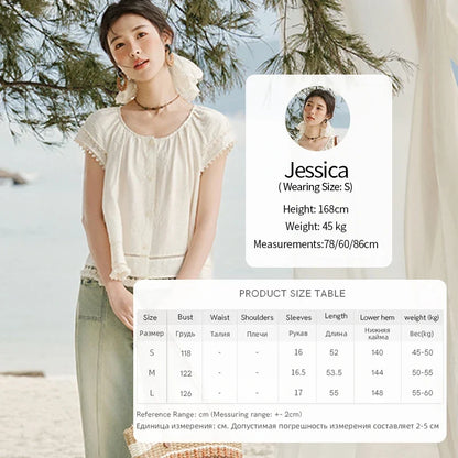 Embroidered French Shirt Women Summer 2025 Short Sleeve Round Neck Solid Blouses Female Fashion New Tops Lady MXE33X1744