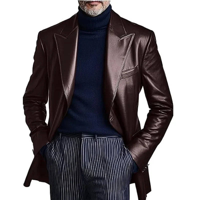 Men's Dress Leather Jacket Burgundy Luxury Slim Fit Notchde Lapel Flap Pocket Retro Soft Sport Coat For Business Casual