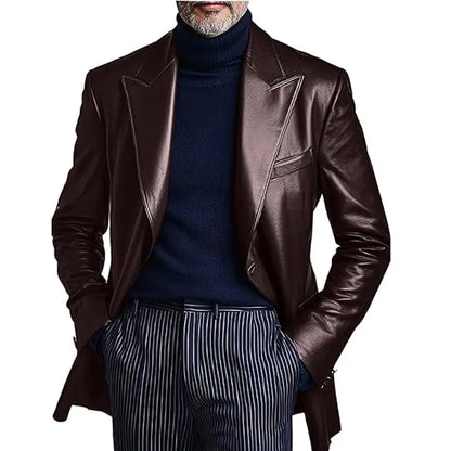 Men's Dress Leather Jacket Burgundy Luxury Slim Fit Notchde Lapel Flap Pocket Retro Soft Sport Coat For Business Casual