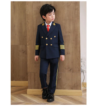 Flower Boys Pilot 3Pieces/Set Jacket Pants Tie Uniform Suit Kids Tuxedo Wedding Dress Children Birhtday Photograph Stage Costume