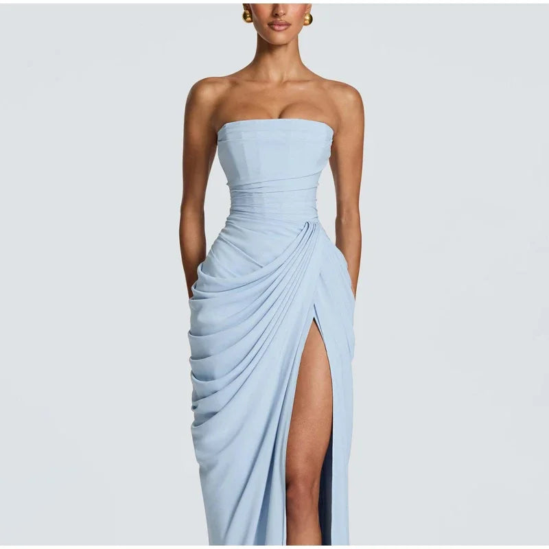 Women Strapless Pleated Long Dress Elegant Solid Split Sleeveless Backless High Waist Slim Fit Maxi Dresses 2026 Lady Party Robe