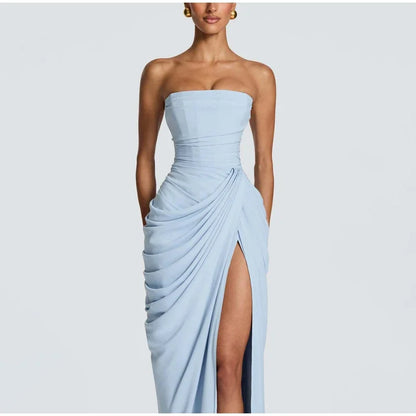 Women Strapless Pleated Long Dress Elegant Solid Split Sleeveless Backless High Waist Slim Fit Maxi Dresses 2026 Lady Party Robe