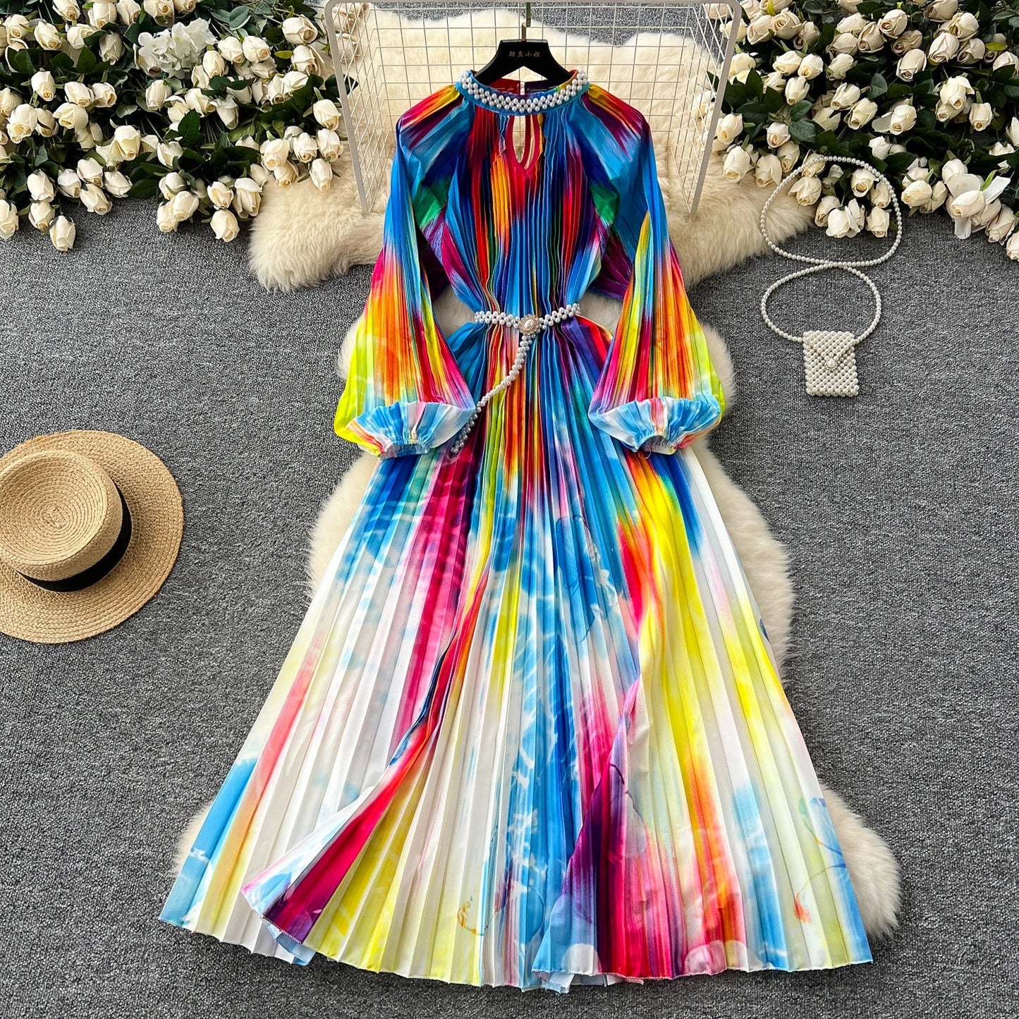 Ele High-End Women's Dr Faionable Beaded round Ne Hollow out Pleated Lantern Sve Waist Cinched Floral Print Lon...