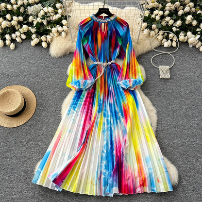 Ele High-End Women's Dr Faionable Beaded round Ne Hollow out Pleated Lantern Sve Waist Cinched Floral Print Lon...