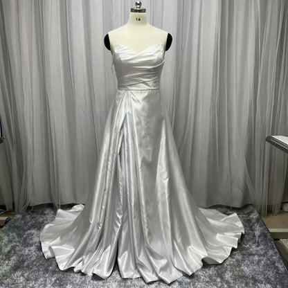 Customized Plus Size A Line Satin Strapless Wedding Dress V Neck Pleats High Side Slit Floor Length Bride Gowns Bridal Dres