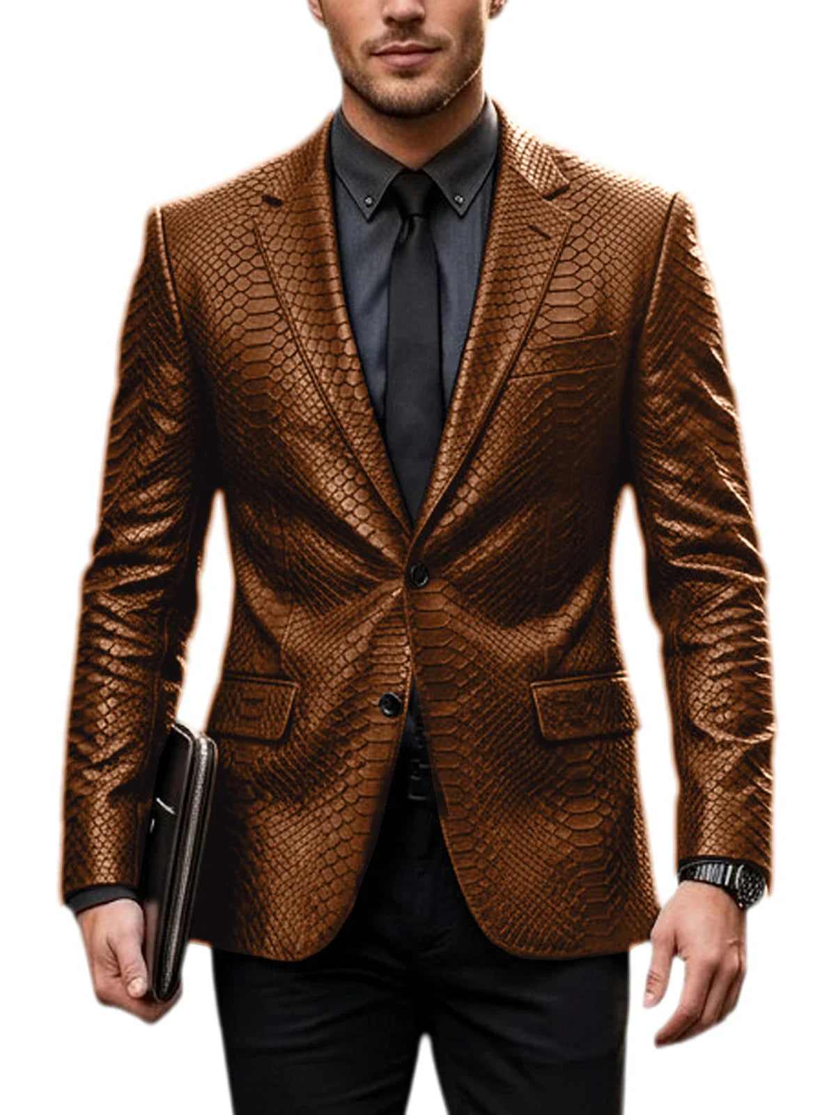 Men's Luxury Crocodile Pattern Leather Blazer Slim Fit Two Button Notch Lapel Suit Jacket Business Casual Wedding Tuxedo Dress