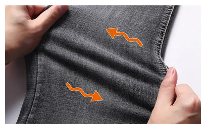2026 Cotton Stretch Jeans Business Casual Men's Thin Denim Jeans Grey Spring Summer Brand New Fit Straight Lightweight