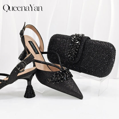 2026 New Shiny Italian Fashion Pointed Toe Women Heel Fashion Rhinestone Decoration Pink Color Shoes And Bag Set