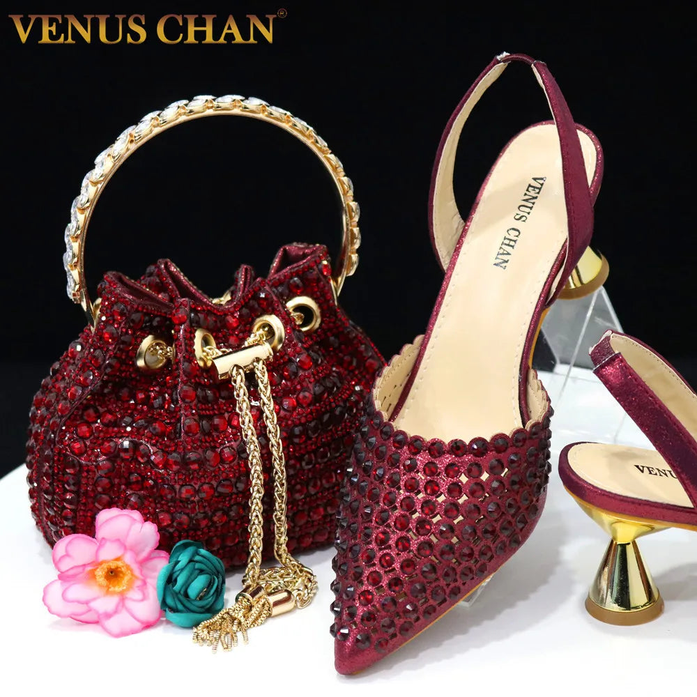 Pointed Toe Heels for Women 2023 Elegant Party Wine Color Full Diamond Pumps Italian Shoes and Bags Matching Set