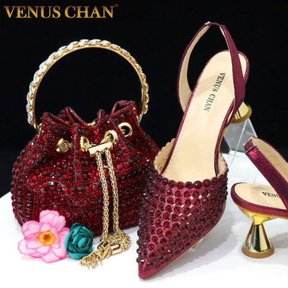 Pointed Toe Heels for Women 2023 Elegant Party Wine Color Full Diamond Pumps Italian Shoes and Bags Matching Set