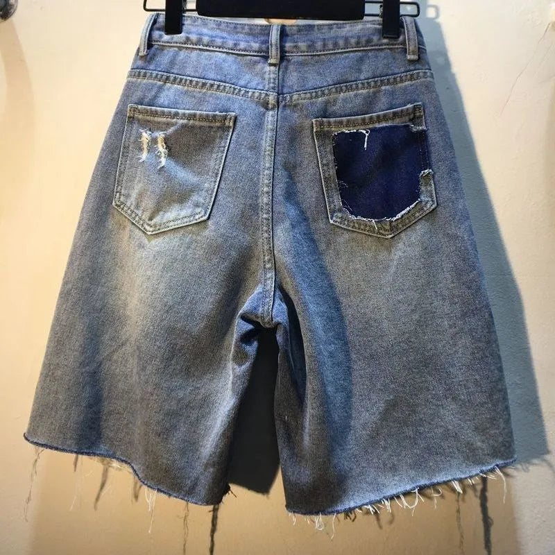 Jeans Hole Shorts Women Summer 2025 Short Pants High Waist Stretch Distressed Washed Diamonds Streetwear Straight Denims