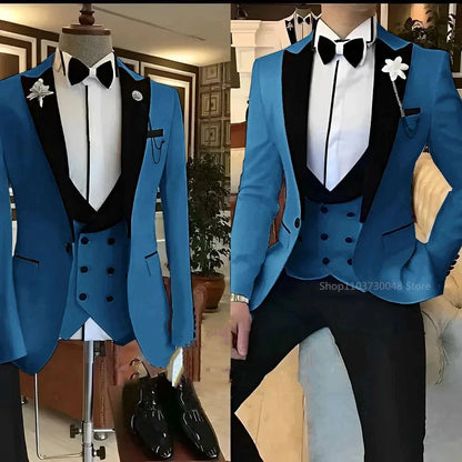 Solid Men's 3 Pieces Suit One Button Peak Lapel Jacket Vest Trousers Dinner Wedding Groom Tuxedos Slim Fit Formal Business Suits