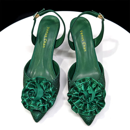 Elegant Shiny Dark blue Handbag and Medium Heel Shoes Set with Beautiful Handmade Flowers for Weddings and Parties