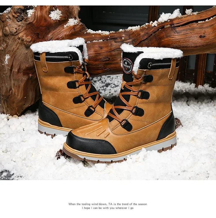 Fashion Men's Winter Boots Warm Fur High-top Snow Boots Men Waterproof Leather Platform Boots Outdoor Non-slip Men Winter Shoes