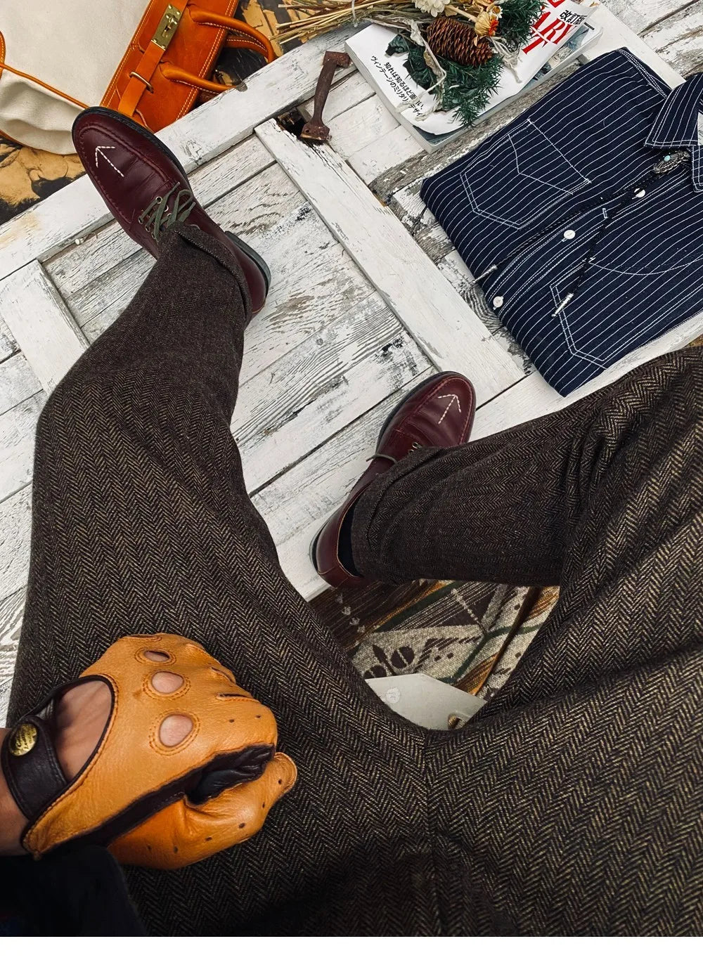 British-Style Vintage Wool Herringbone Pattern Men's Trousers, Large Size, Loose Straight-Leg Naples Men's Pants
