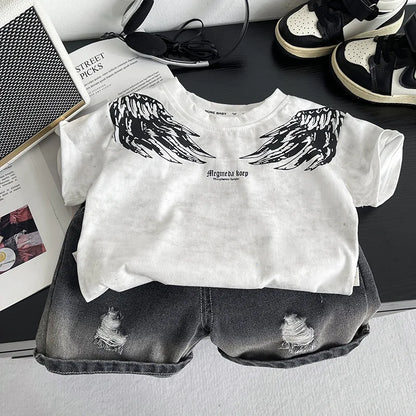 0-5Years New Baby Boy Fashion Cool Summer Clothes Suits Toddler Wings Printed T-shirt+Ripped Jeans 2pcs/sets Children Tracksuits