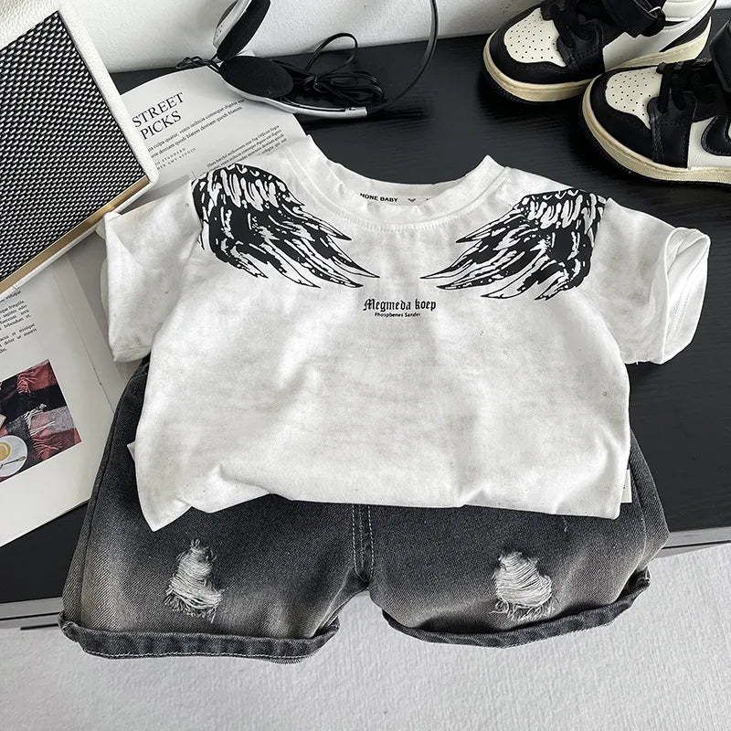 0-5Years New Baby Boy Fashion Cool Summer Clothes Suits Toddler Wings Printed T-shirt+Ripped Jeans 2pcs/sets Children Tracksuits