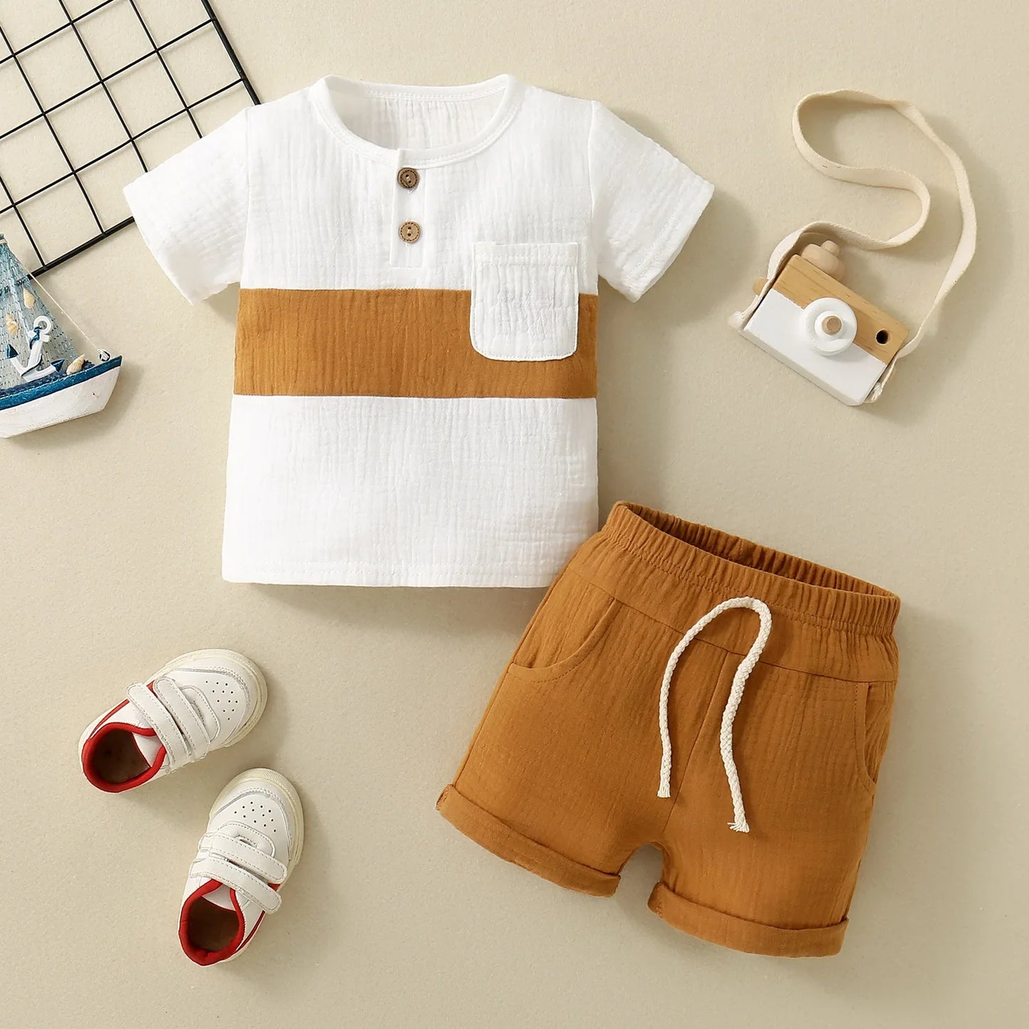 Infant Boys round Neck Color Block Short Sleeve Shorts Set Baby Boy Outfit Toddler Clothing Ensemble