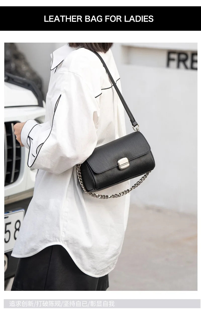 Supple Genuine Leather Women's Barrel Crossbody Bag - Commuter-Friendly Small Chain Strap Shoulder Bag for Everyday Chic