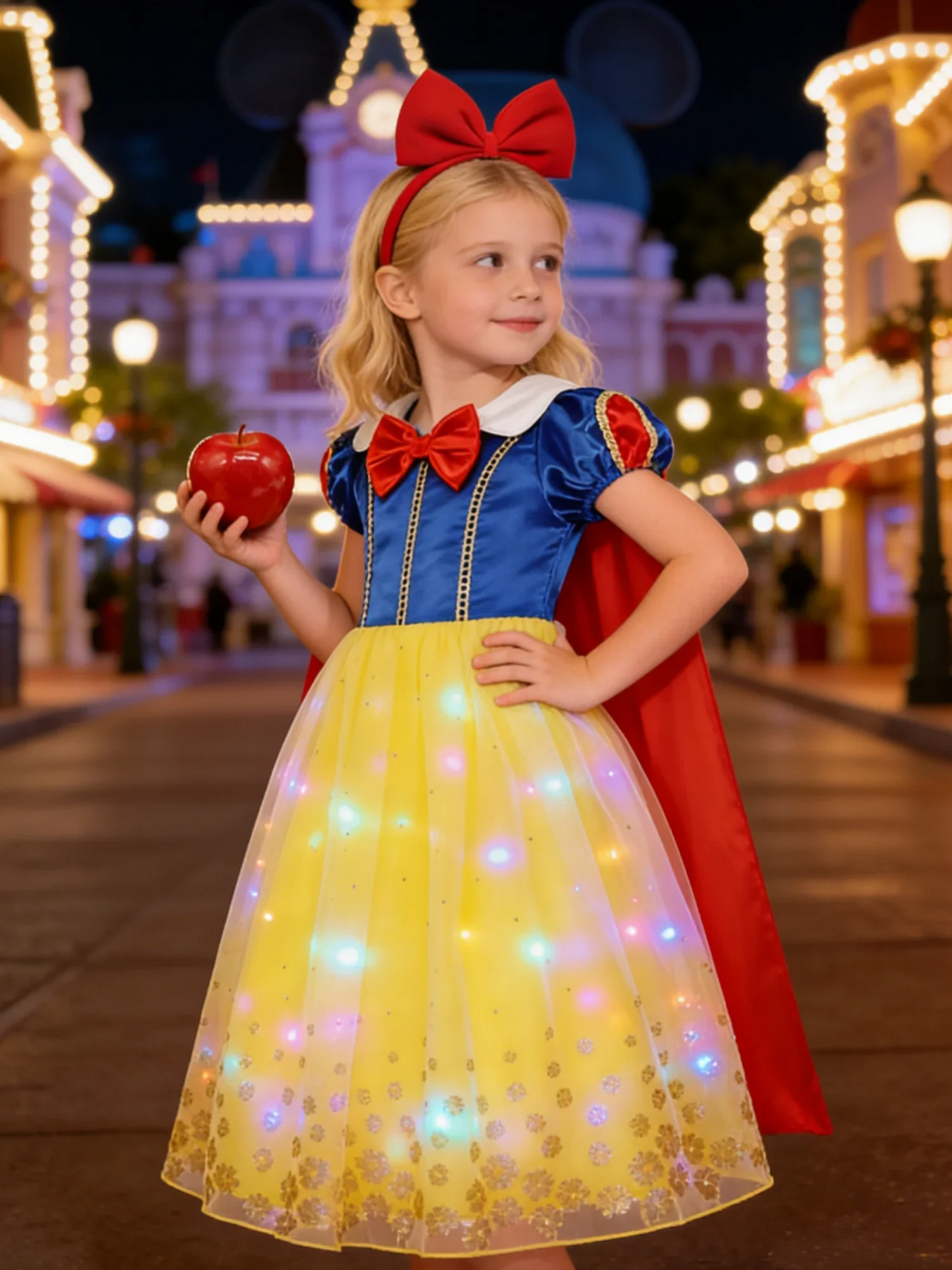 Popular Movie LED Princess Dress, White Snow Dress, With Cape And Headpiece For Halloween Carnival Birthday Party Cosplay
