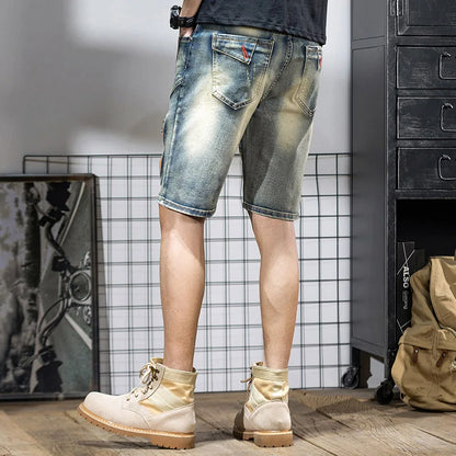 Summer Men's Denim Shorts Retro Motorcycle Elastic Cotton Fashion Knee Length Short Jeans Zipper Hip Hop Rock Streetwear