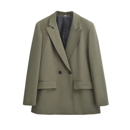 Women's Double Breasted Office Wear Blazer Coat, Long Sleeve, Flap Pockets, Female Outerwear, Chic Tops, Fashion