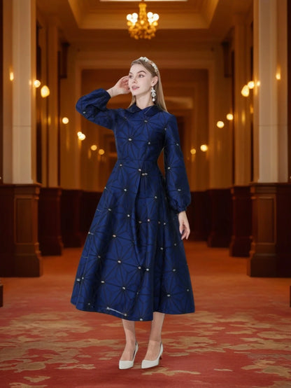 Fall/Winter Turned Collar Lined Sleeve A-Line Silhouette Geometric Heavyweight Jacquard Elegant and Graceful Long Dress