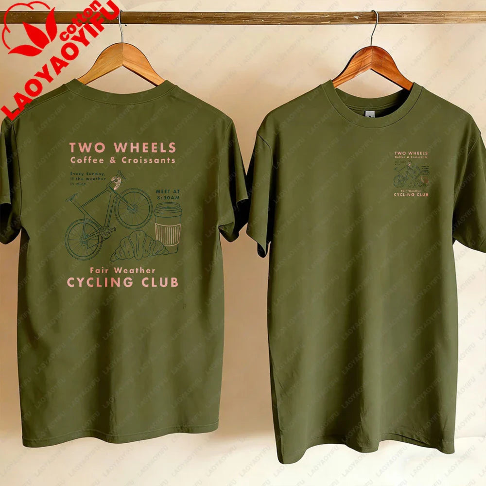 Cycling Club Cropped T-Shirt Hand-Drawn Bike Coffee & Croissants Graphic T Shirts Oversized T Shirt High Quality Cotton Tops Tee