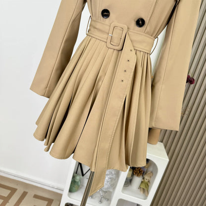 New Autumn Winter Women's Windbreaker Dress Mini Skirt Long Sleeve Empire Waistline Outerwear Female Long Coat N967